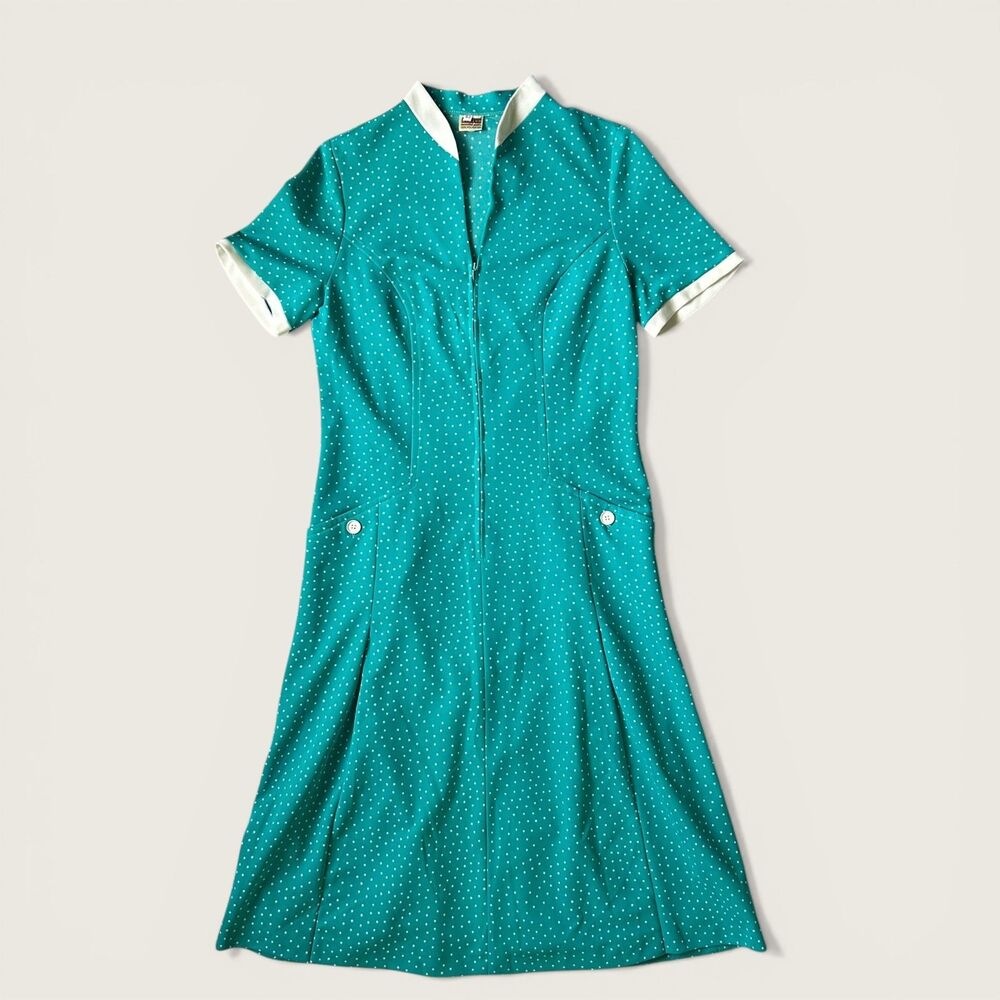 Vintage 1970s Diolen Teal Polka Dot Zip Front Dress Mod Midi Size 42